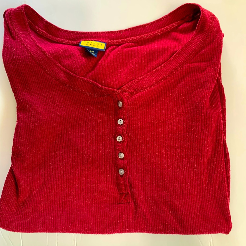 Red V-Neck Button Ribbed Tee